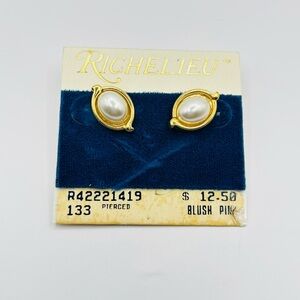 Vintage Richelieu Blush Pink Pearl Gold-Trim Stud Earrings